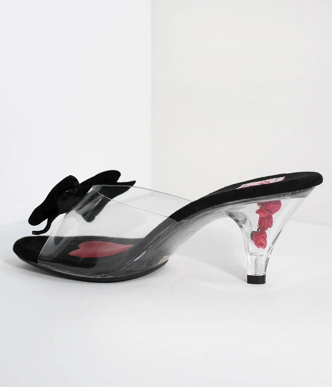 Black & Clear Encased Rose Slip On Peep Toe Heels