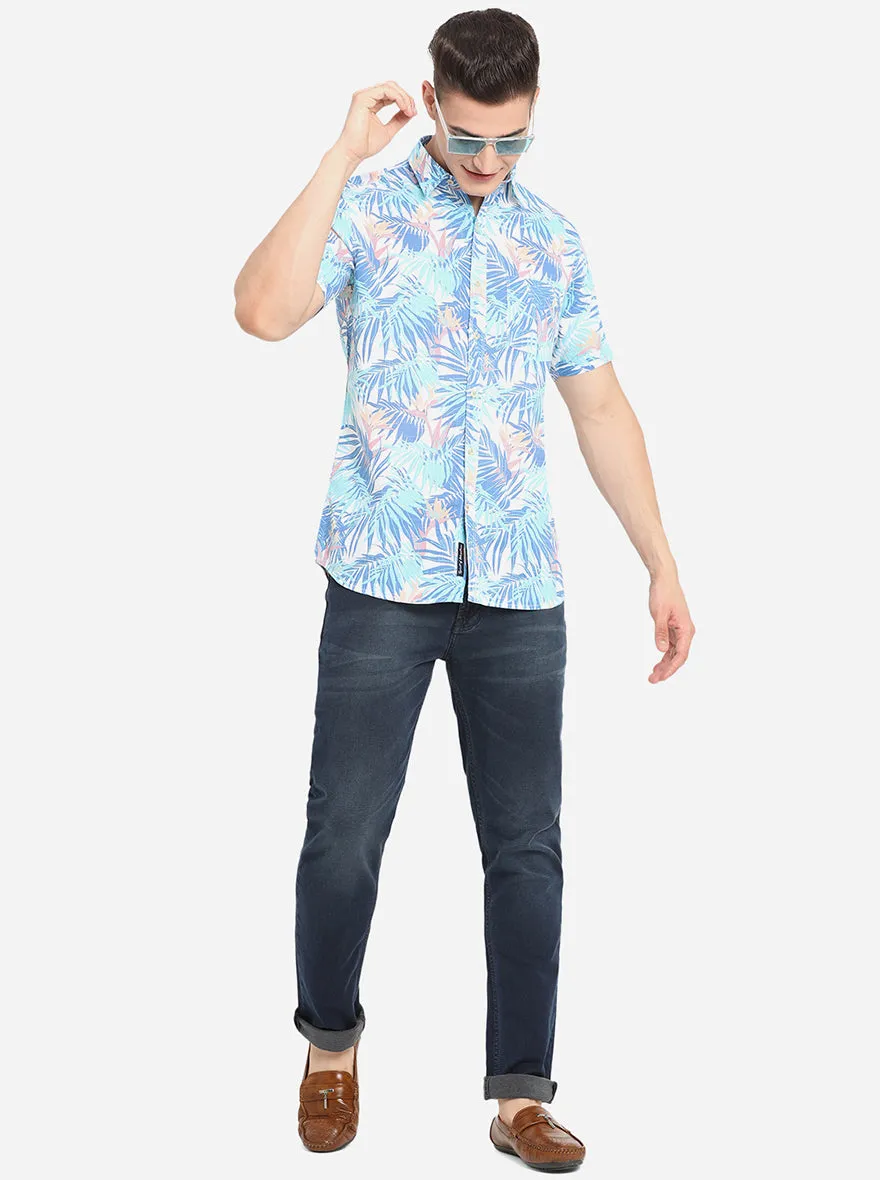 Blue Printed Slim Fit Semi Casual Shirt | JadeBlue