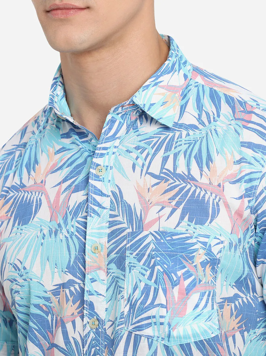 Blue Printed Slim Fit Semi Casual Shirt | JadeBlue