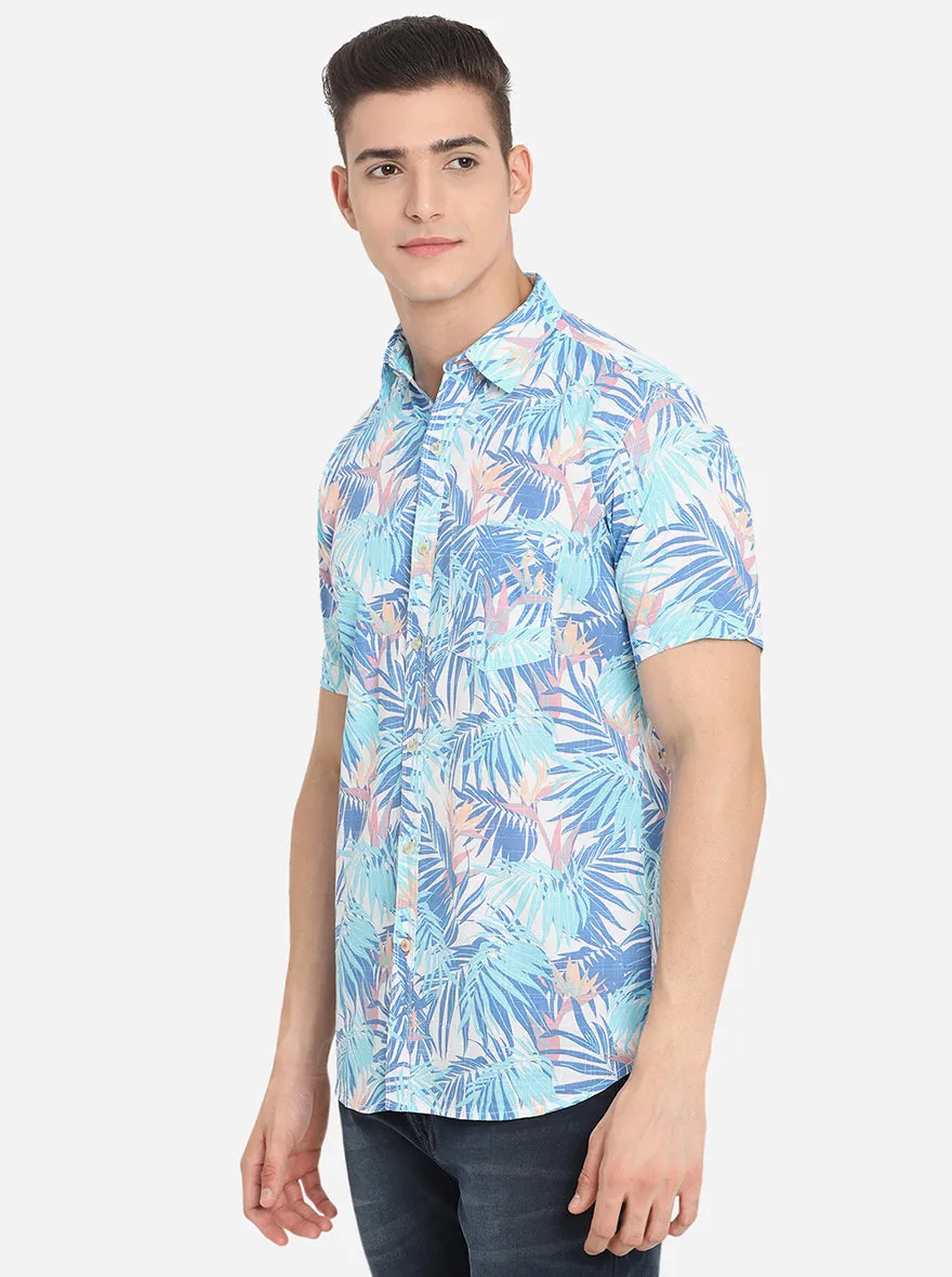 Blue Printed Slim Fit Semi Casual Shirt | JadeBlue