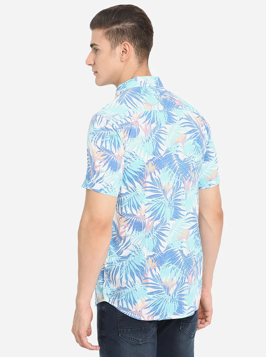 Blue Printed Slim Fit Semi Casual Shirt | JadeBlue