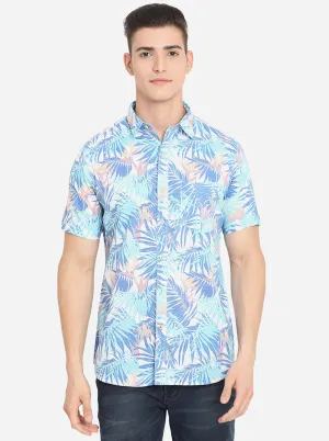 Blue Printed Slim Fit Semi Casual Shirt | JadeBlue