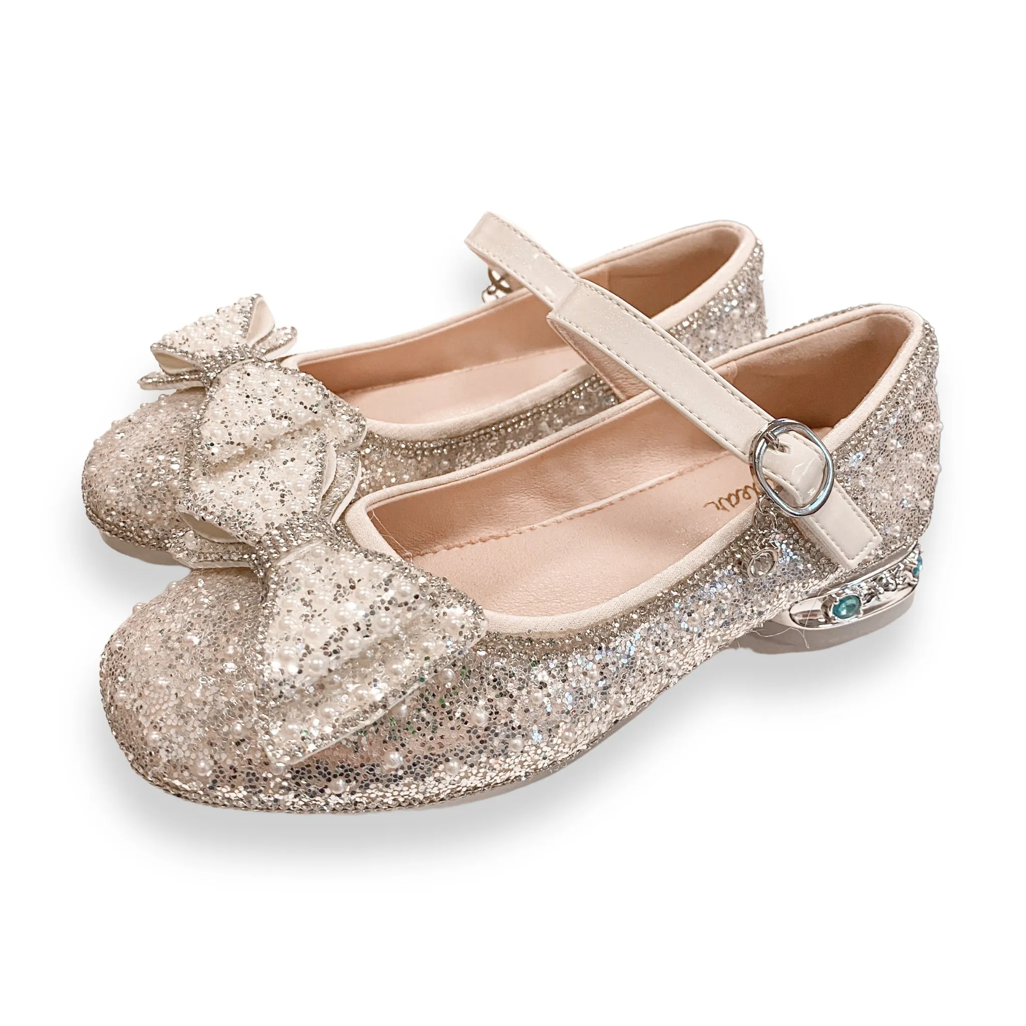 Bowtie Glitter Stud Heel Flats - Beige