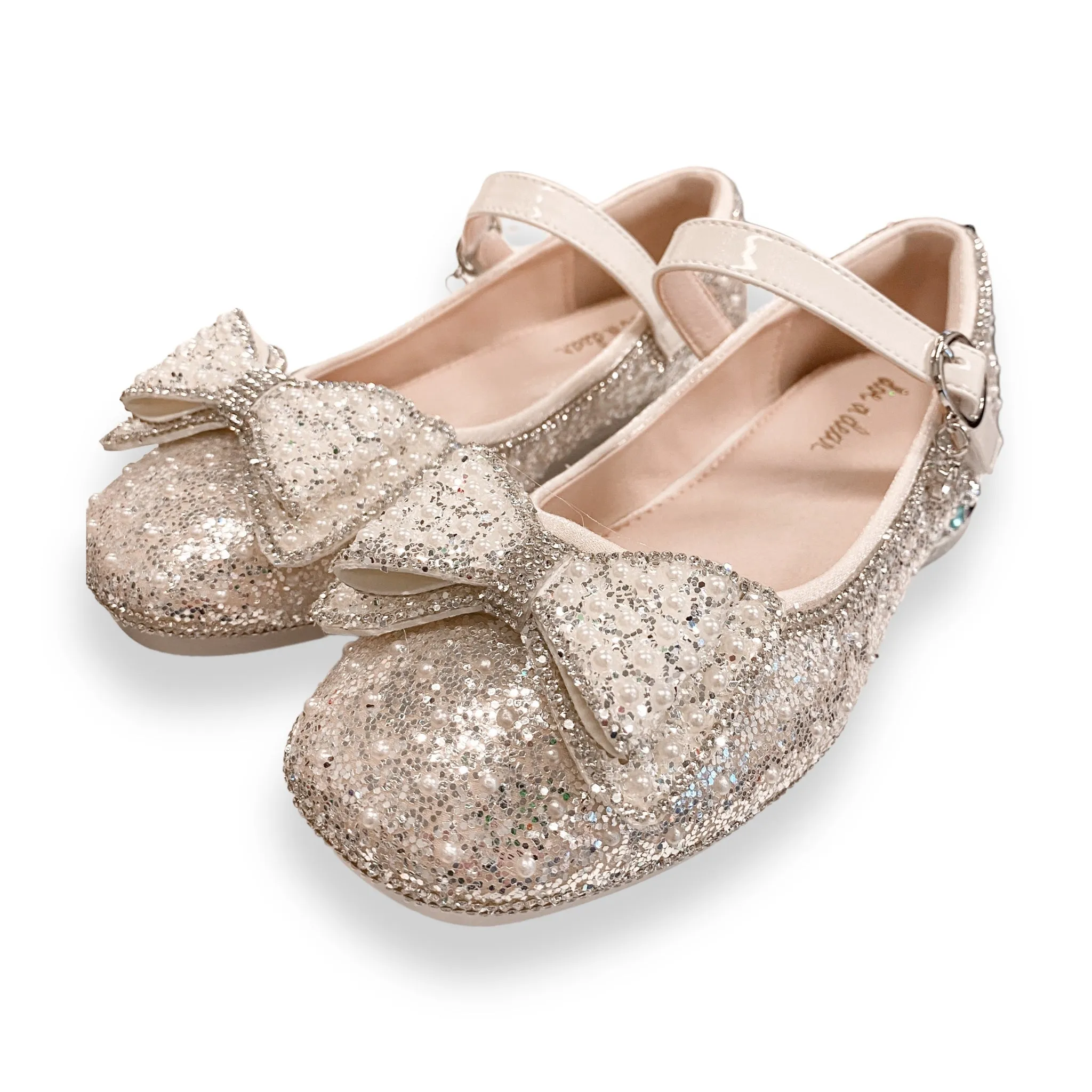 Bowtie Glitter Stud Heel Flats - Beige