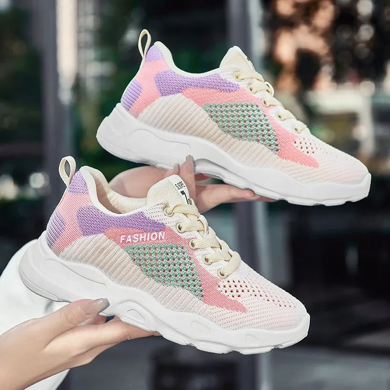 Casual Colorblock Lace-up Sneakers Women Versatile Breathable Lightweight Walking Running Shoes