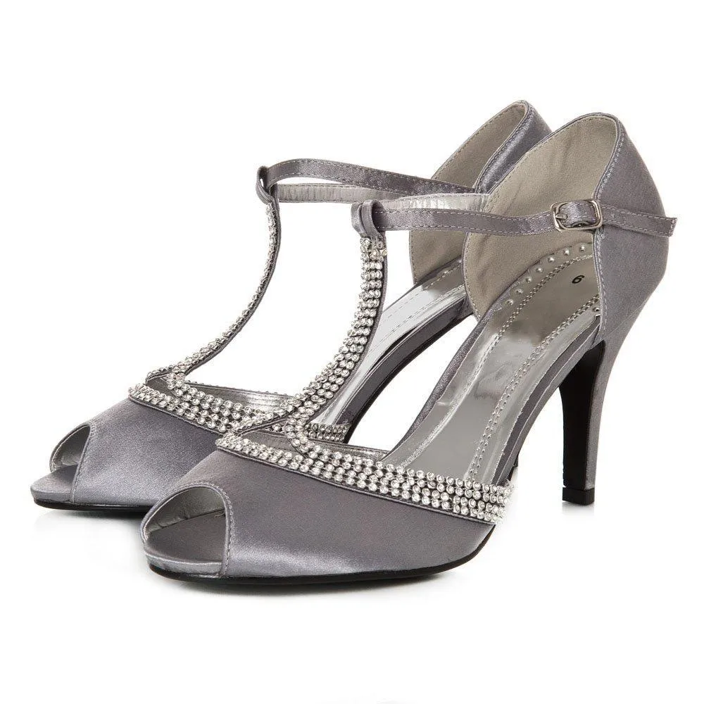 Faye Diamante Encrusted T-Bar Medium Heeled Ankle Strap Sandal