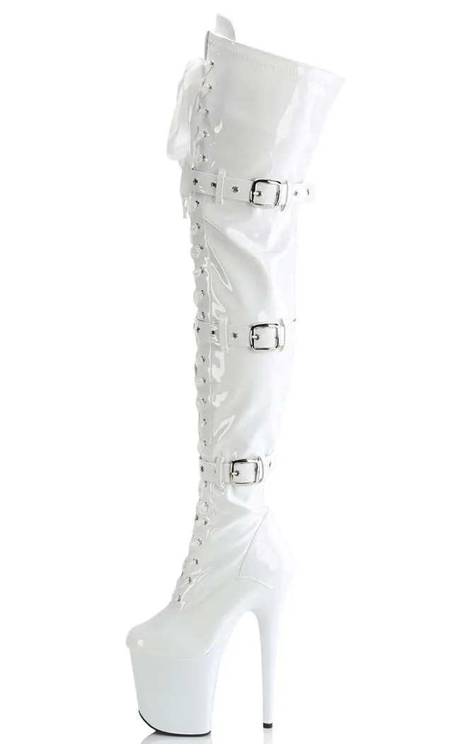 FLAMINGO-3028 White Patent Thigh High Boots