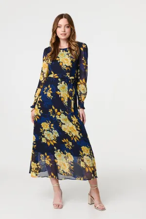 Floral Long Sleeve Chiffon Midi Dress