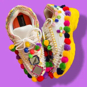 Funky N Trendy hand crafted yellow and multi colored  hand work bridal sneakers/ bridesmaid sneaker / yellow sneakers/ yellow shoes for haldi ceremony/ pom pom shoes/ garba shoes / Gujarati shoes