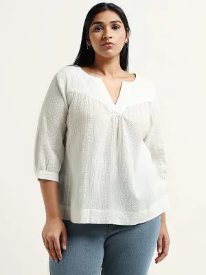 White Gia Self-Patterned Cotton Top for Women