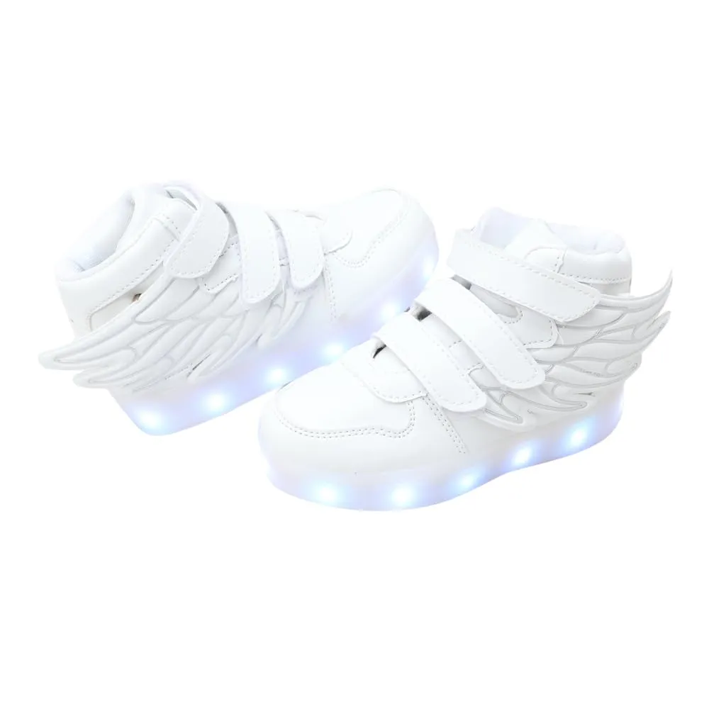 Hopscotch Boys and Girls Microfiber Leather Wings High Top USB Rechargeable LED Sneakers in White Color,UK:8.5 (CP7-2237758)