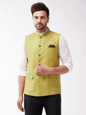 Jashvi Men's Yellow Jacquard Nehru Jacket