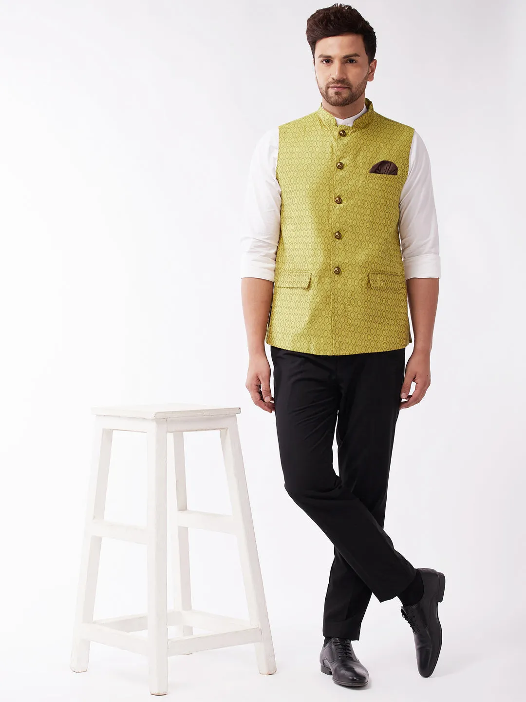 Jashvi Men's Yellow Jacquard Nehru Jacket