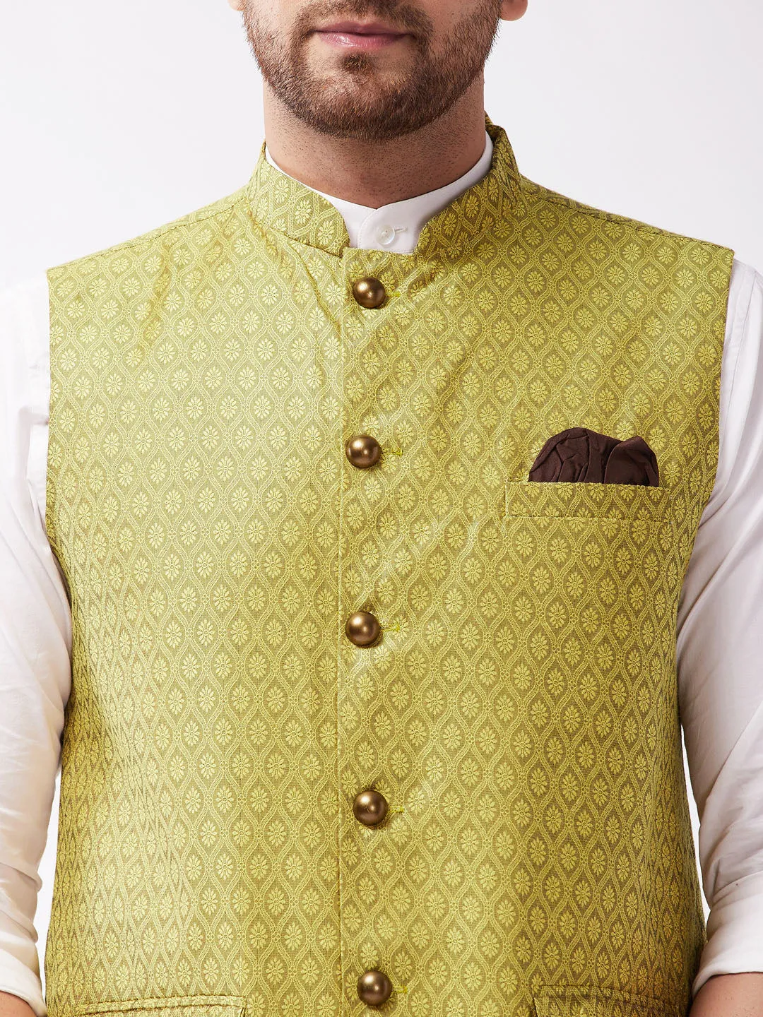 Jashvi Men's Yellow Jacquard Nehru Jacket