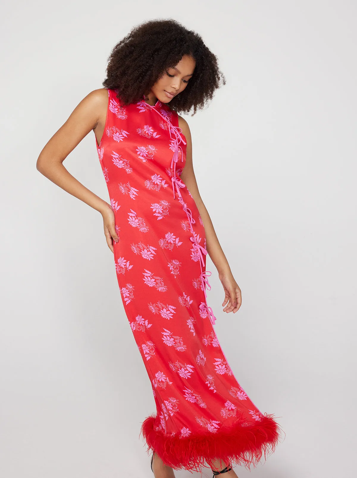 Myla Red Floral Feather Midi Dress