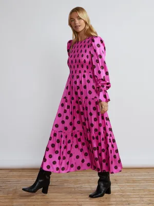 Petra Pink Retro Floral Shirred Dress