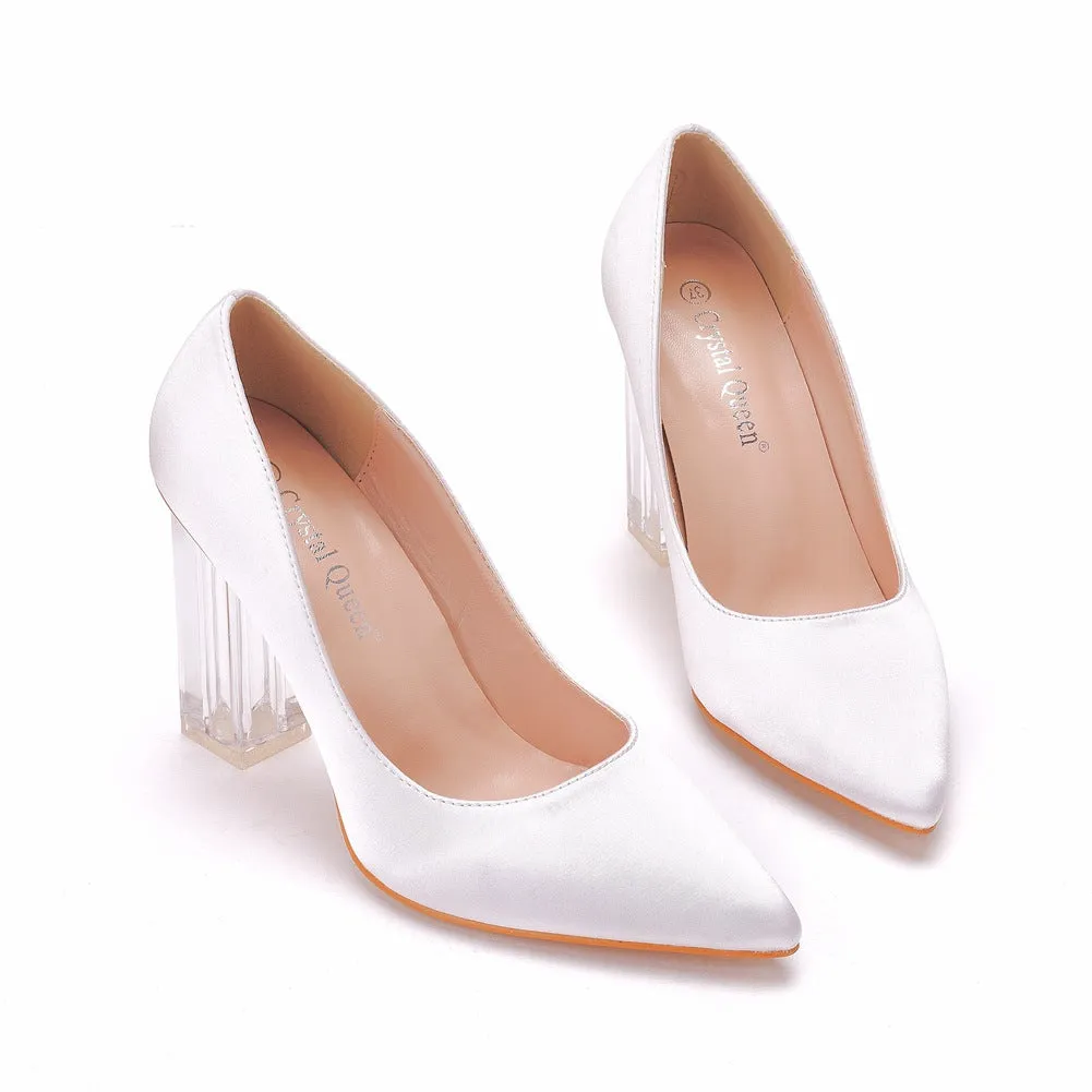 Pointed Toe White Block Heels Crystal Transparent Square Heels