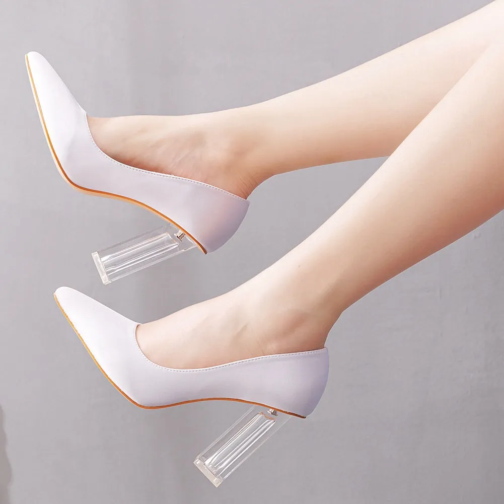 Pointed Toe White Block Heels Crystal Transparent Square Heels