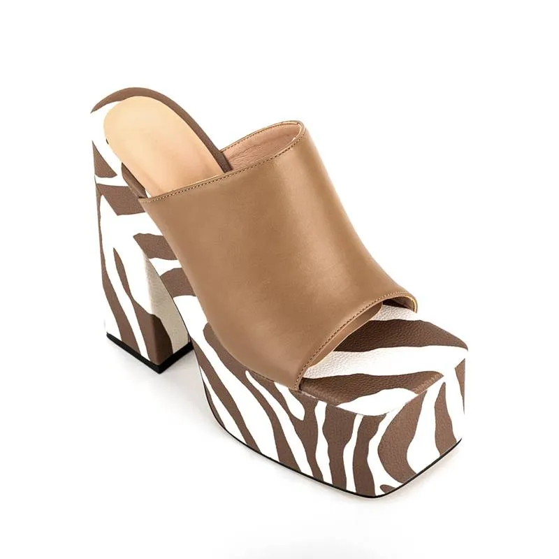 Pre Order:  Brown Striped Zebra Open-Toe 16cm Sandals