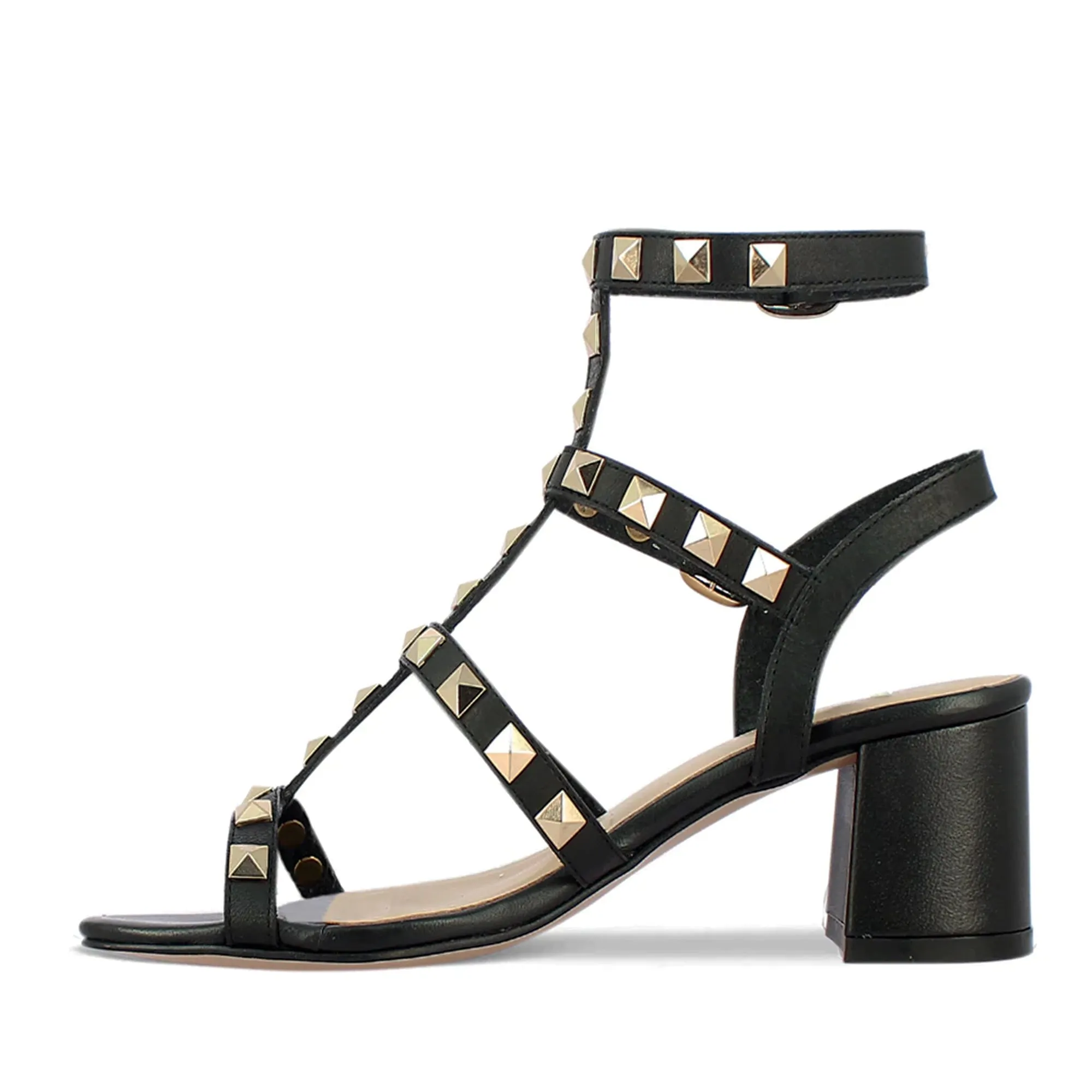 Saint Angela Black Leather Metal Studded Block Heels