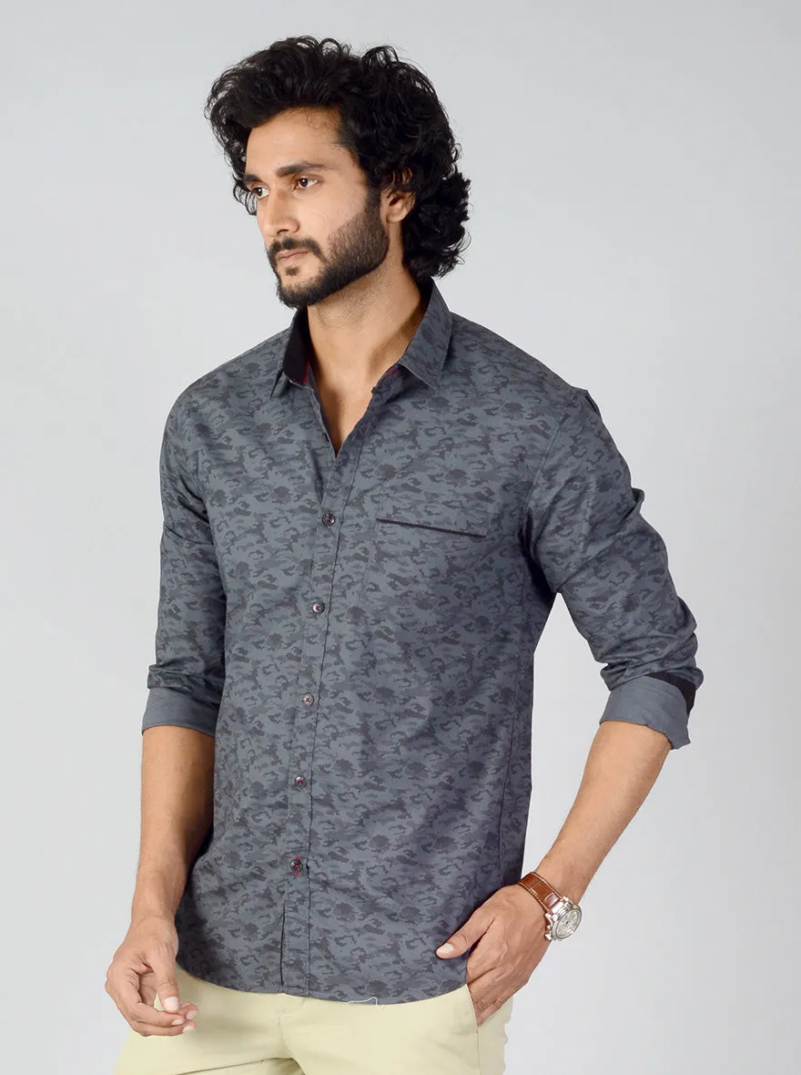 Slate Grey Printed Slim Fit Casual Shirt | Greenfibre