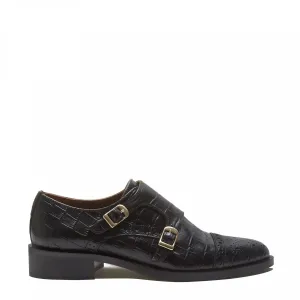 Vendôme Sophie Black Croco-Embossed Calfskin Leather Double Monk Strap Shoes