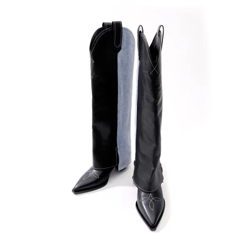 Wide-Shaft Wedge Leather Boots Riding Boots for Women In Black/Blue  - Foldover Leather Tall Boots