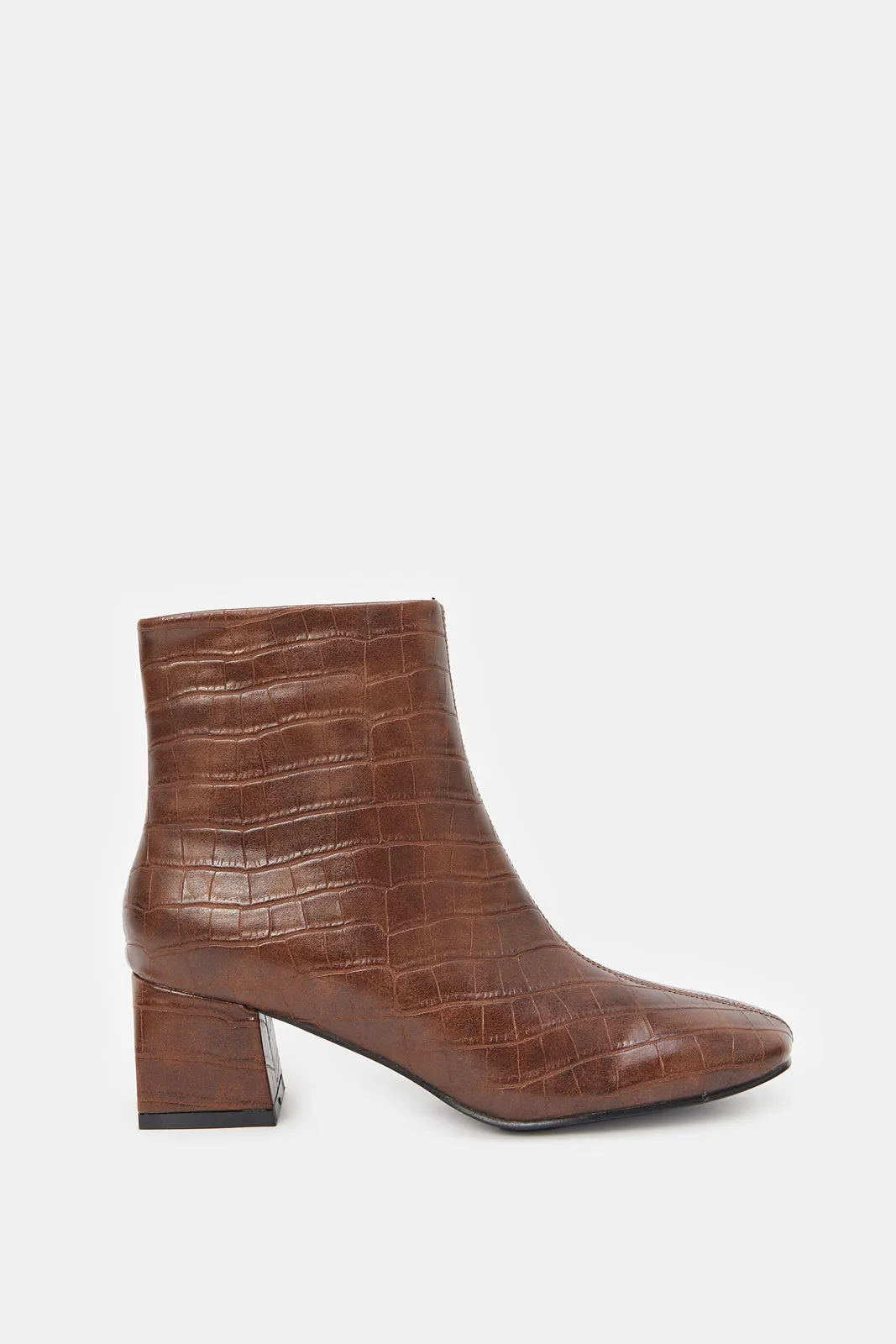 Women Brown Croc Block Heel Boots