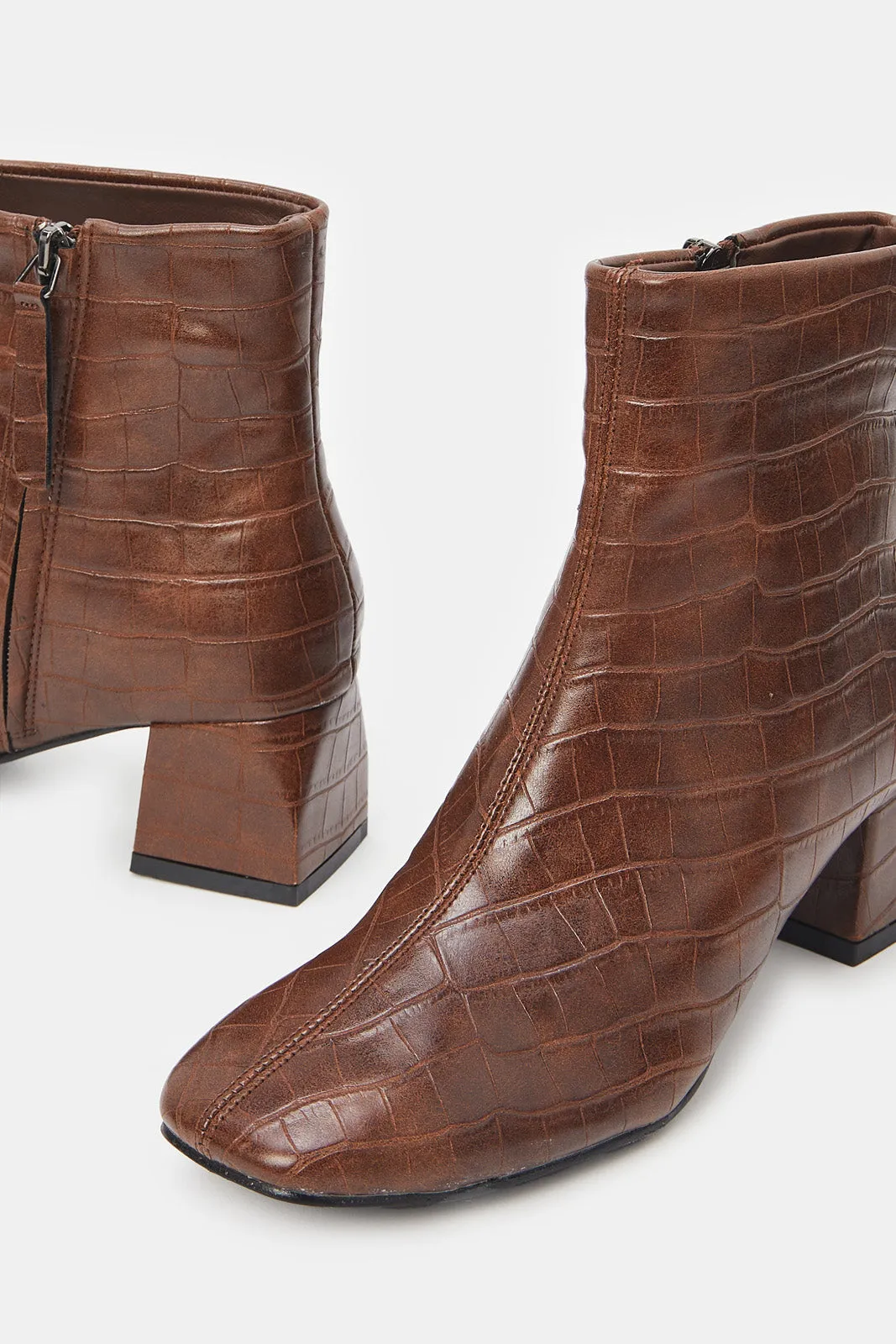 Women Brown Croc Block Heel Boots