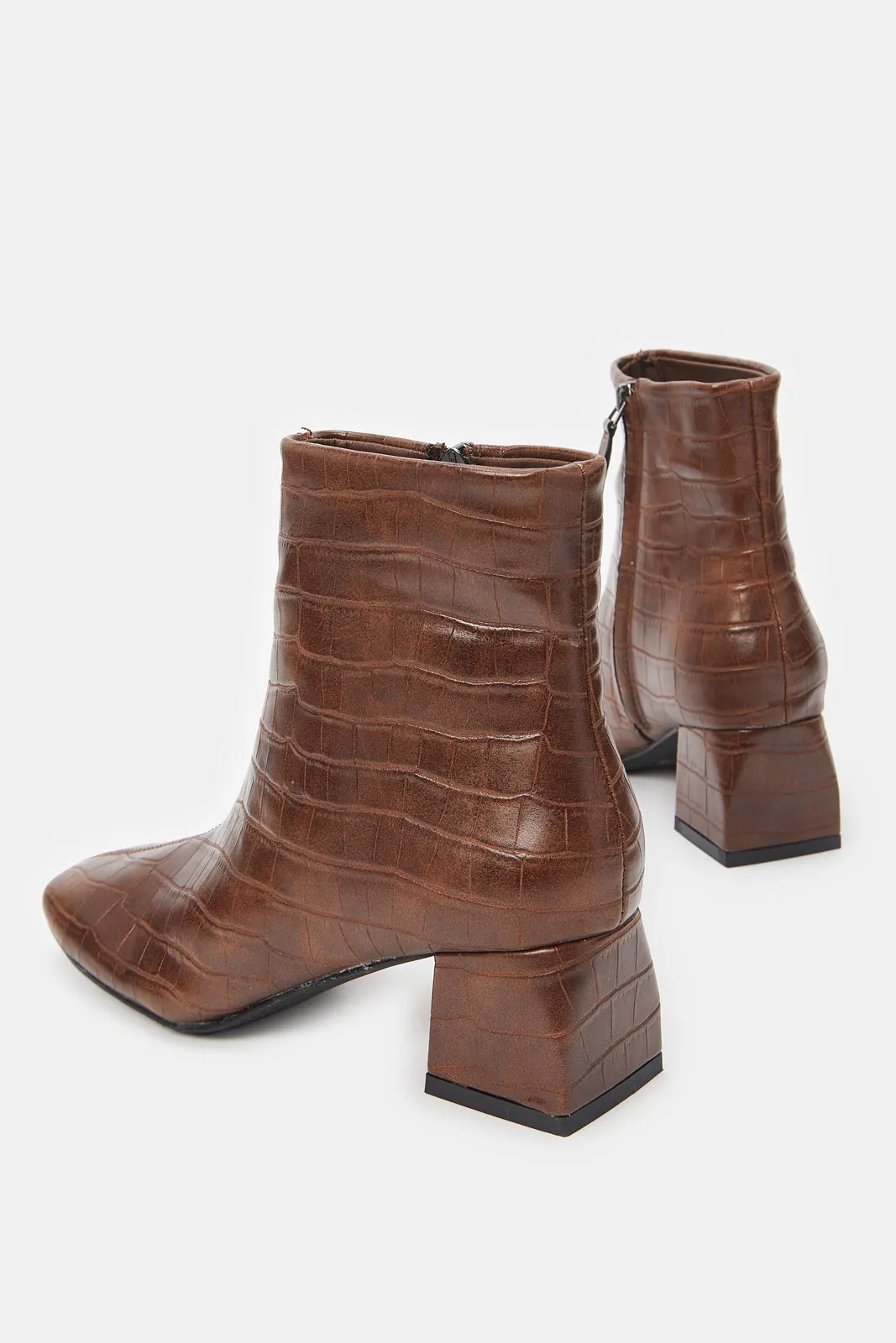 Women Brown Croc Block Heel Boots